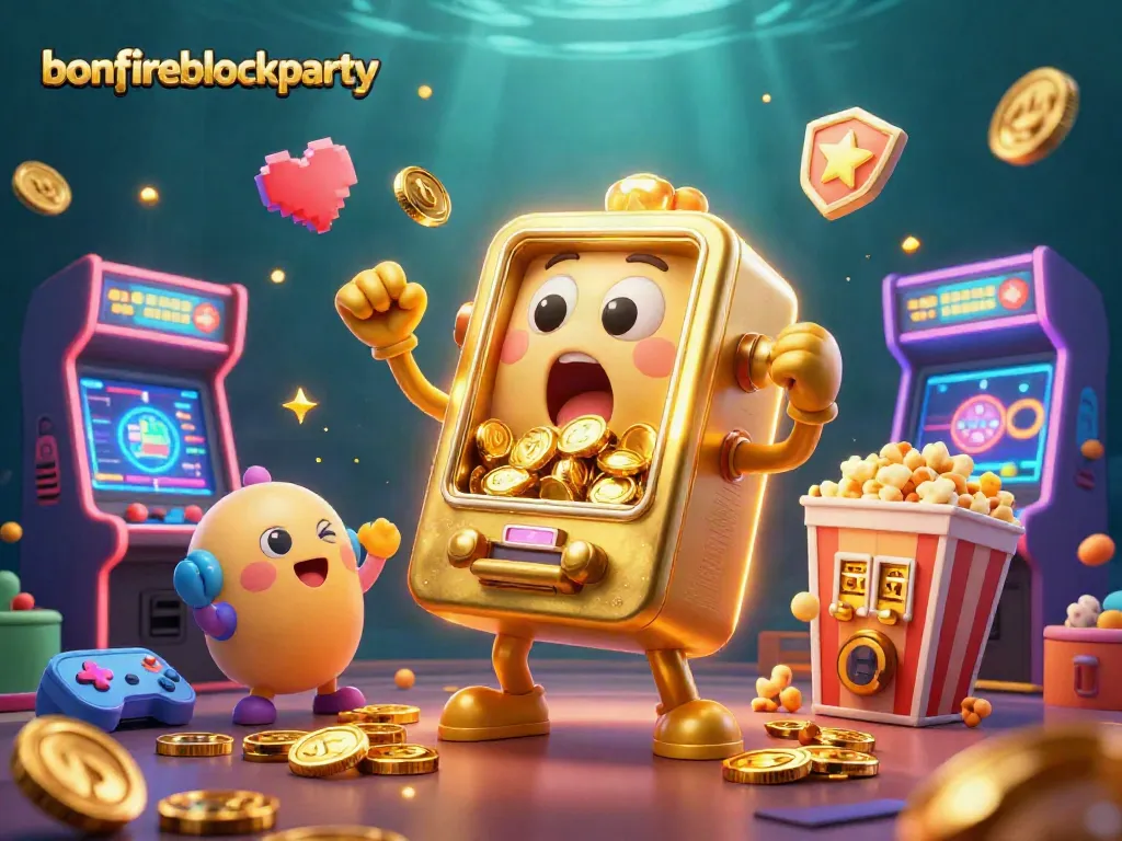 Bonfireblockparty showcases a winning moment with a golden slot machine celebrating its jackpot