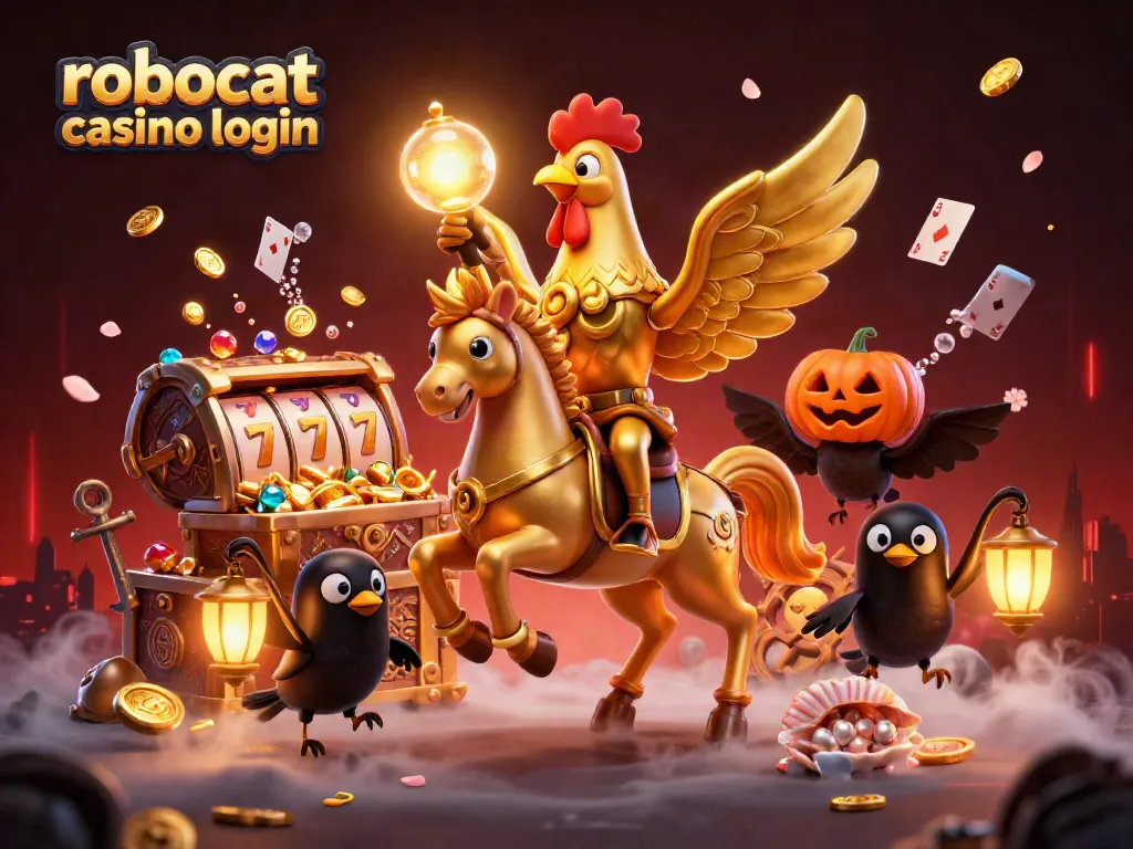 Engage in thrilling gameplay with robocat casino login, illustrated by a vibrant golden rooster in a casino scene.