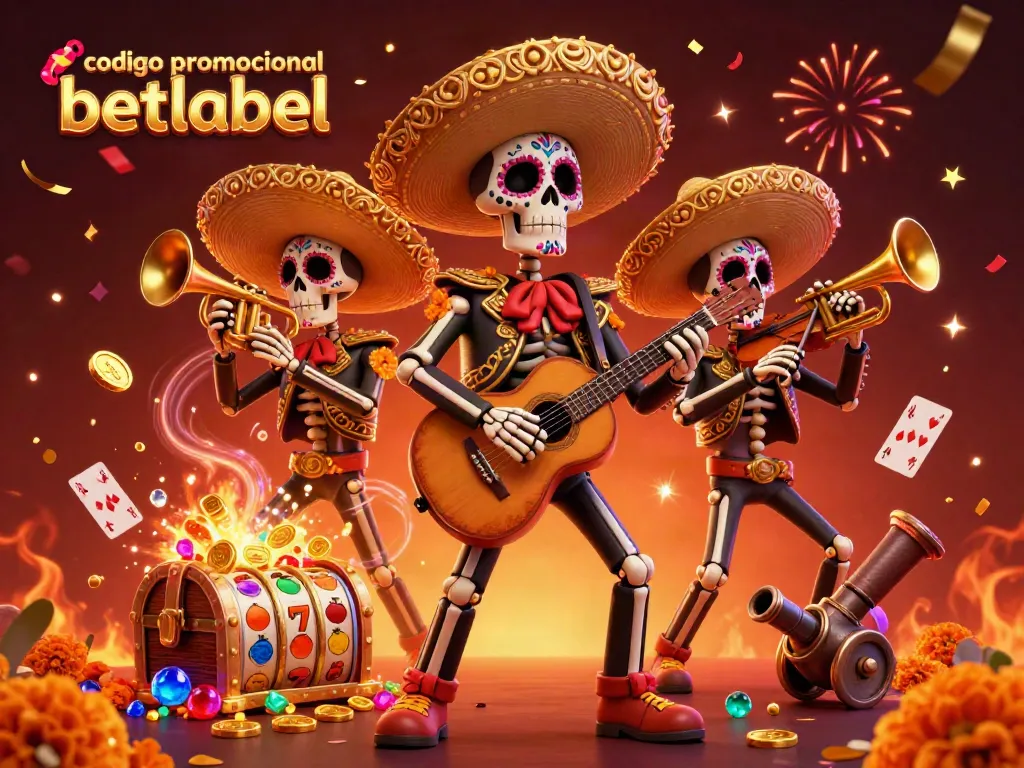 Unlock bonuses with the codigo promocional betlabel through a colorful 3D casino scene featuring mariachi skeletons.