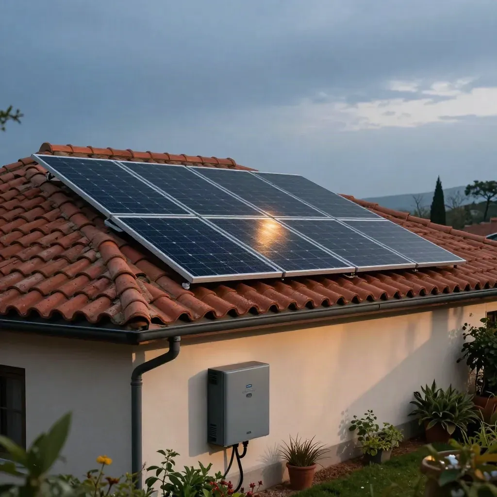 Casa mediterránea con paneles solares negros en tejado rojo tras la lluvia.