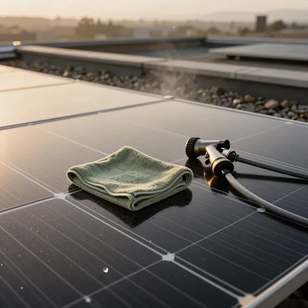 Panel solar recién limpiado con paño de microfibra, boquilla y gotas brillando.