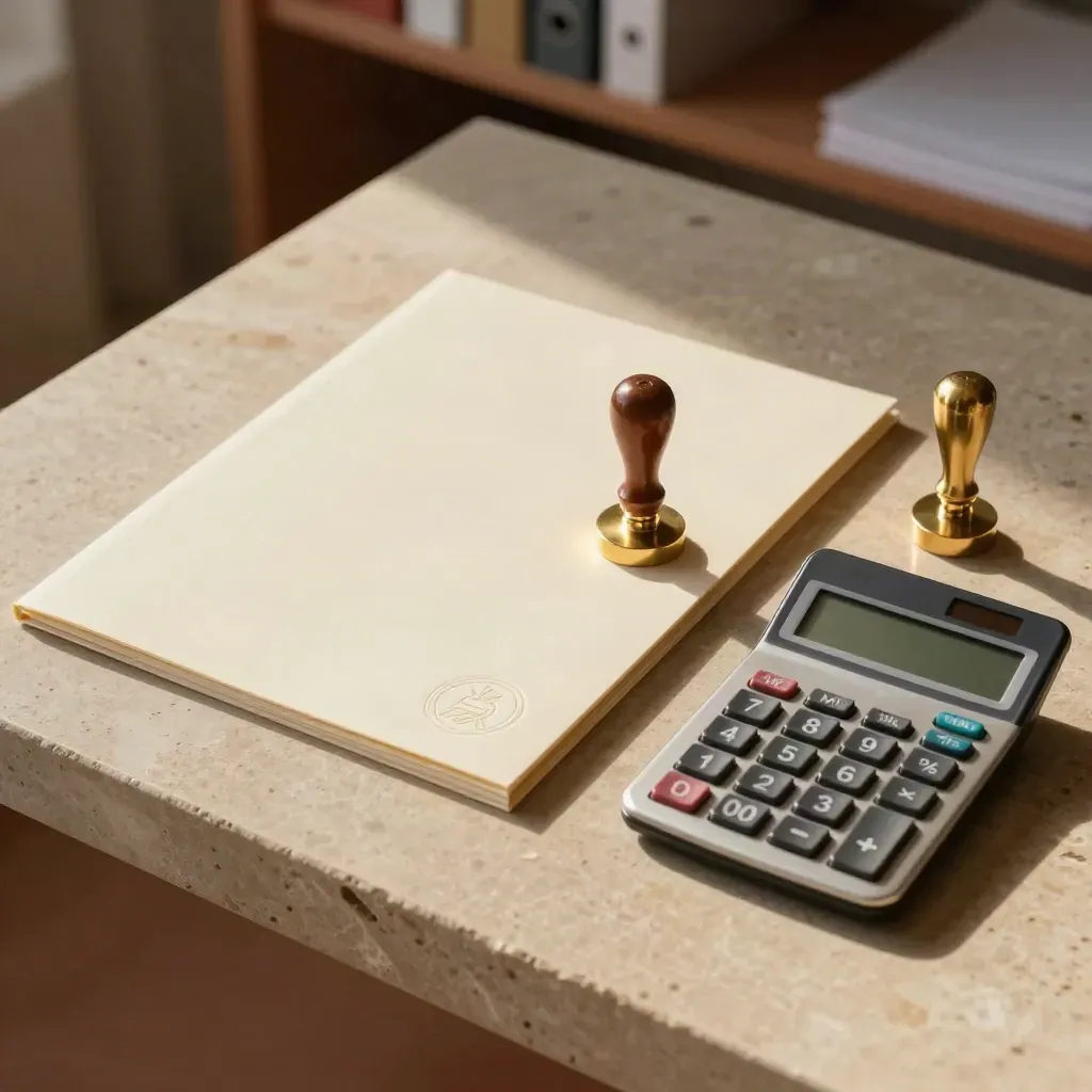 Carpeta crema, sello de aprobación y calculadora sobre piedra, con luz cálida.