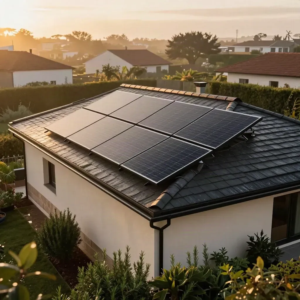 Tejado familiar con paneles solares negros y batería compacta tras la lluvia, visto desde el jardín.