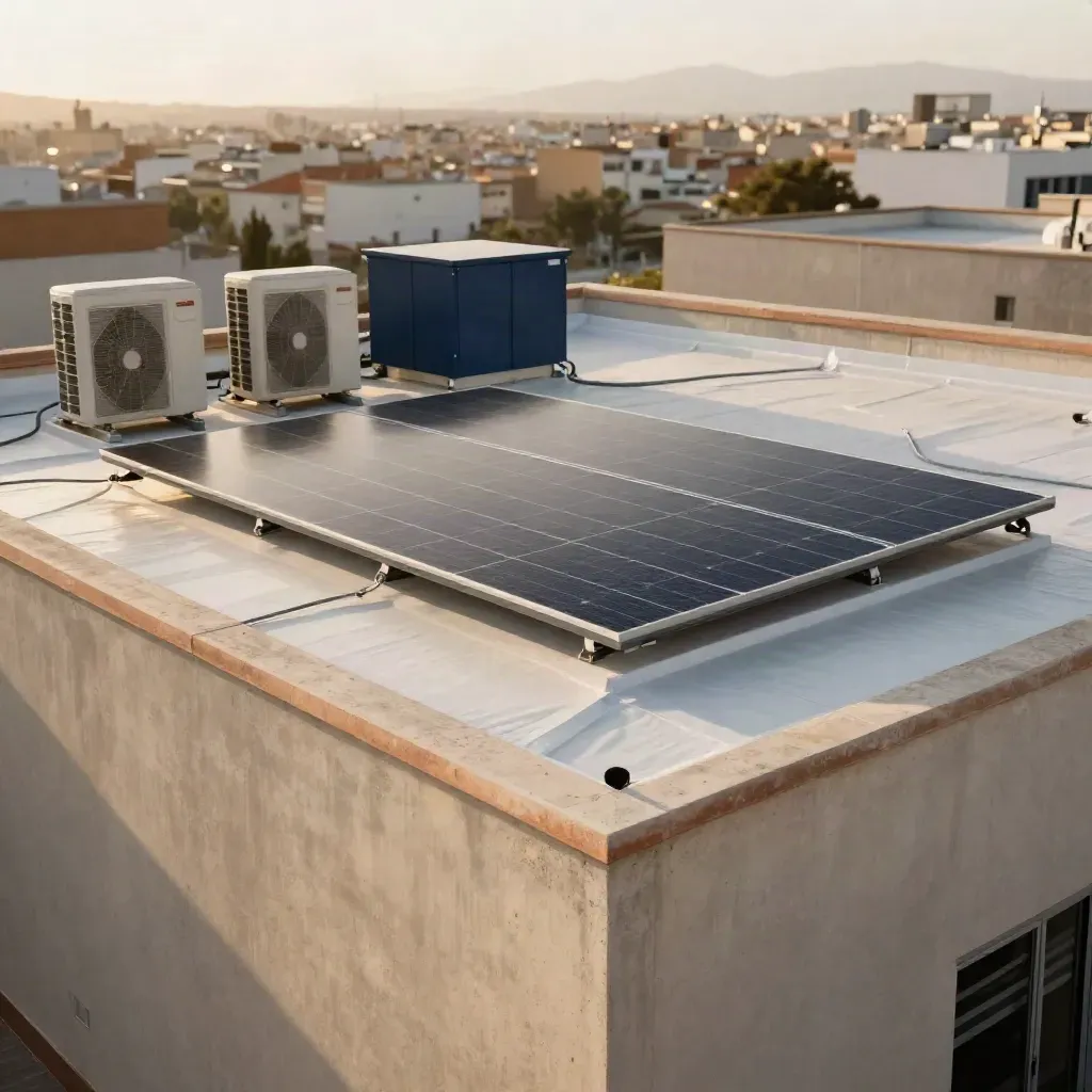 Cubierta plana de un comercio en Murcia con paneles solares, HVAC y conducciones ordenadas.