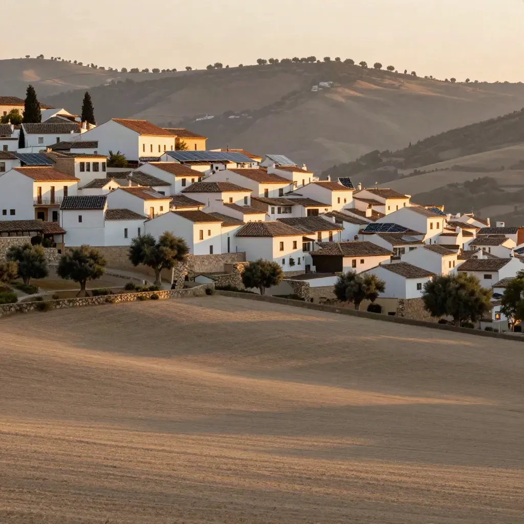 Pueblo andaluz en ladera con tejados terracota, olivos y pequeños paneles solares al atardecer.