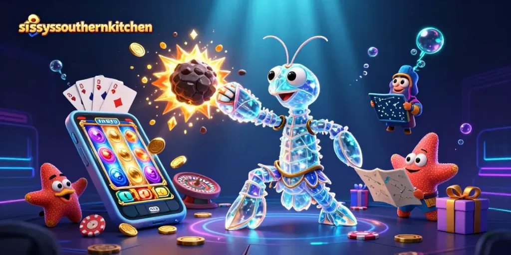 Sissy's Southern Kitchen features a galactic samurai shrimp in a vibrant gambling scene, engaging players.